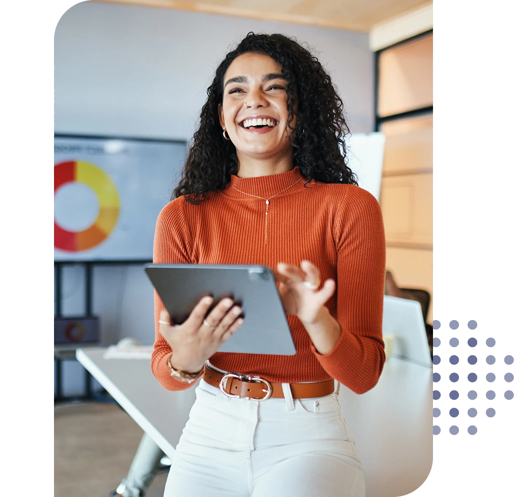 smiling woman holding a tablet - Soluta Commission Features